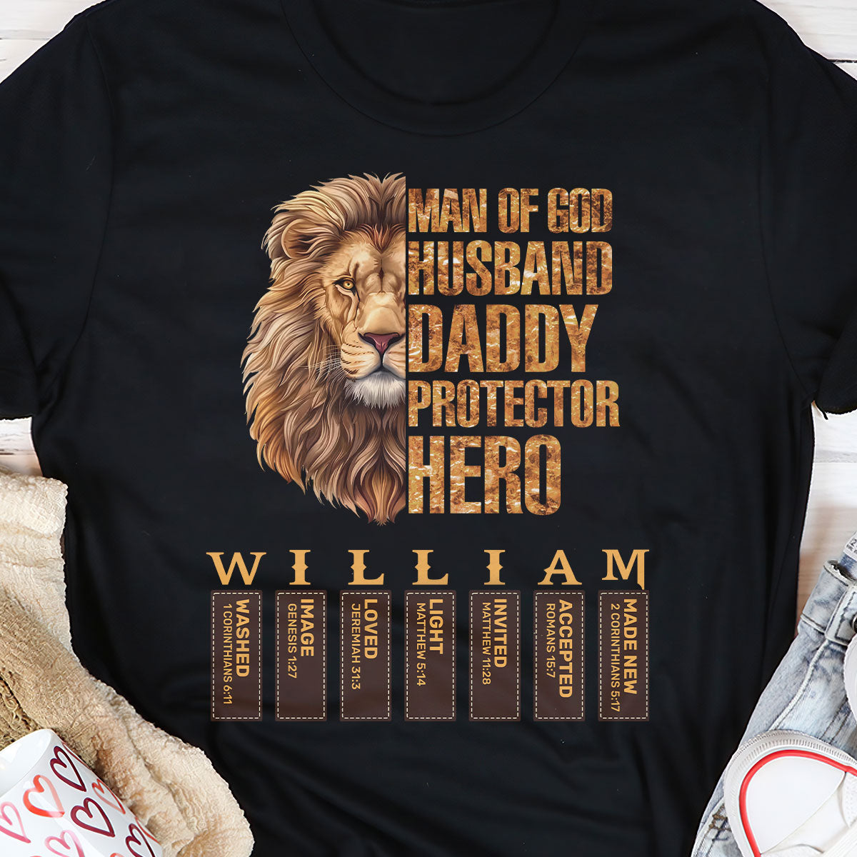 Man Of God Husband Daddy Protector Hero With Name Letter In Bible | Personalized 2D Unisex T-shirt