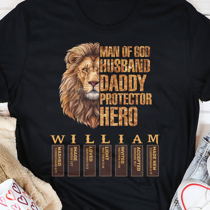 Man Of God Husband Daddy Protector Hero With Name Letter In Bible | Personalized 2D Unisex T-shirt