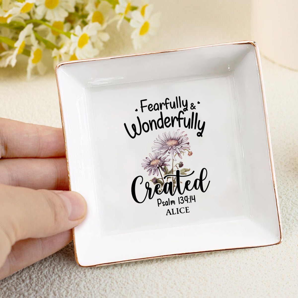 Fearfully and Wonderfully Created Psalm 139:14 Birth Month Flower | Personalized Jewelry Dish JSJDHLPA2862M