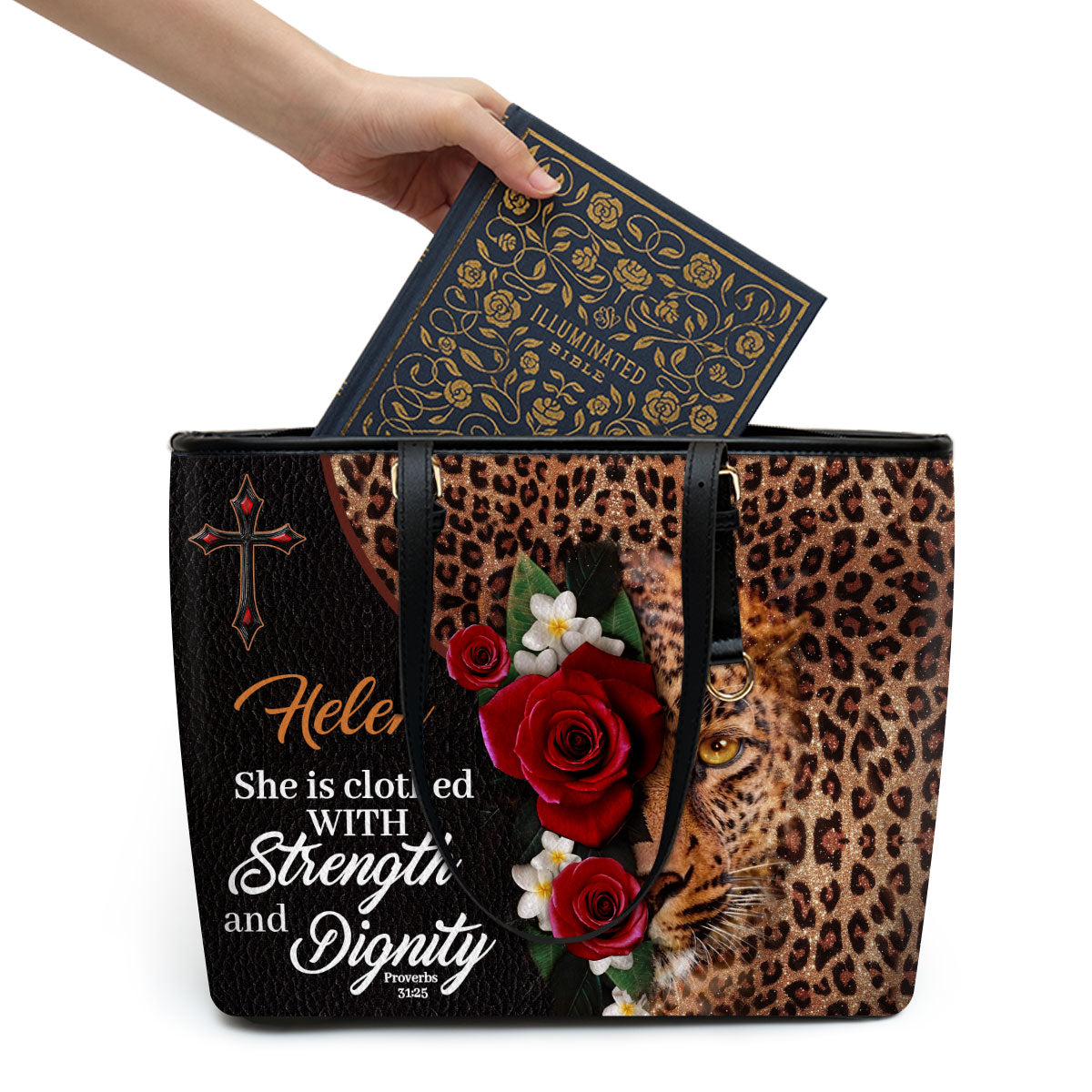Jesuspirit | Personalized Large Leather Tote Bag With Shoulder Strap | Joshua 1:9 | Be Strong And Courageous | Religious Gifts For Christian Prayer LLTBM804