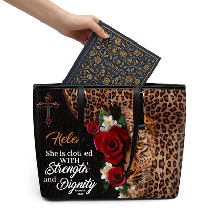 Jesuspirit | Personalized Large Leather Tote Bag With Shoulder Strap | Joshua 1:9 | Be Strong And Courageous | Religious Gifts For Christian Prayer LLTBM804