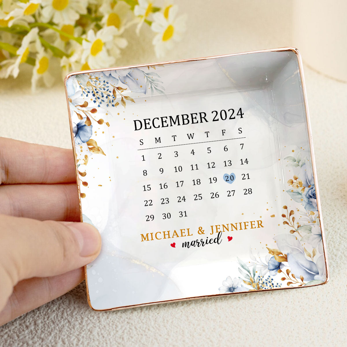 Wedding Calendar Date | Personalized Ceramic Ring Dish Square