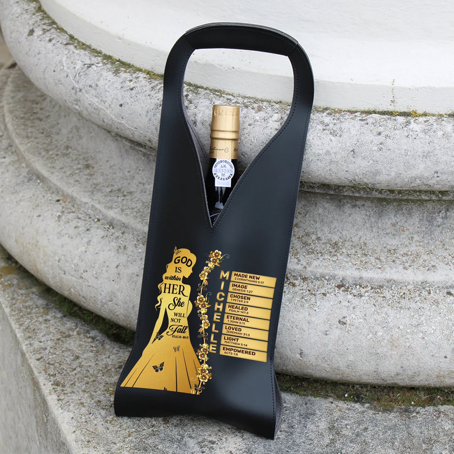 God Is Within Her She Will Not Fall | Personalized Leather Wine Bag