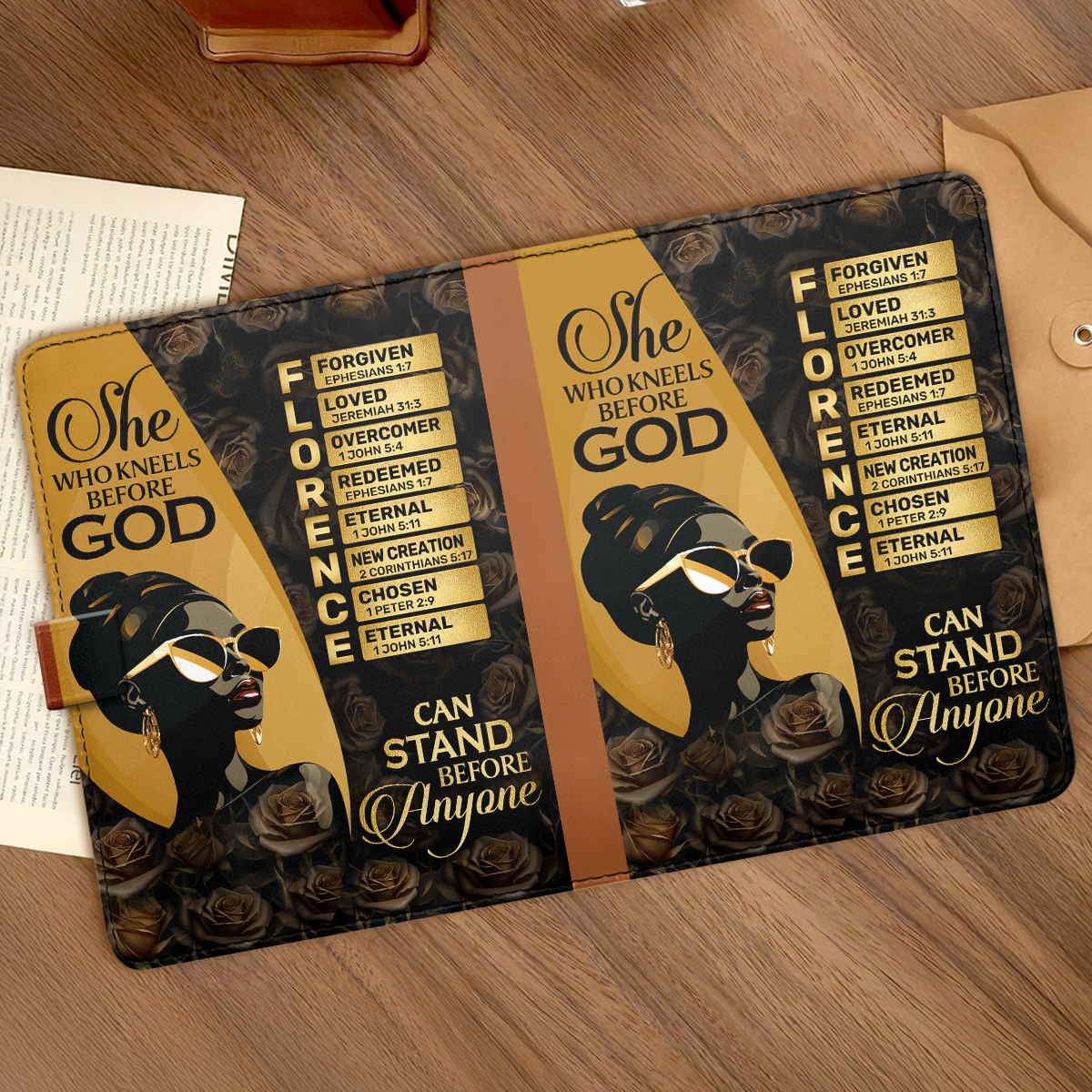 She Who Kneels Before God Can Stand Before Anyone | Personalized Leather Notebook & Pen Set
