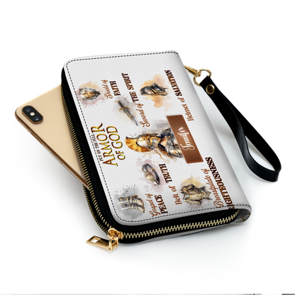 Personalized Leather Clutch Purse With Wristlet Strap Handle - Armor Of God
