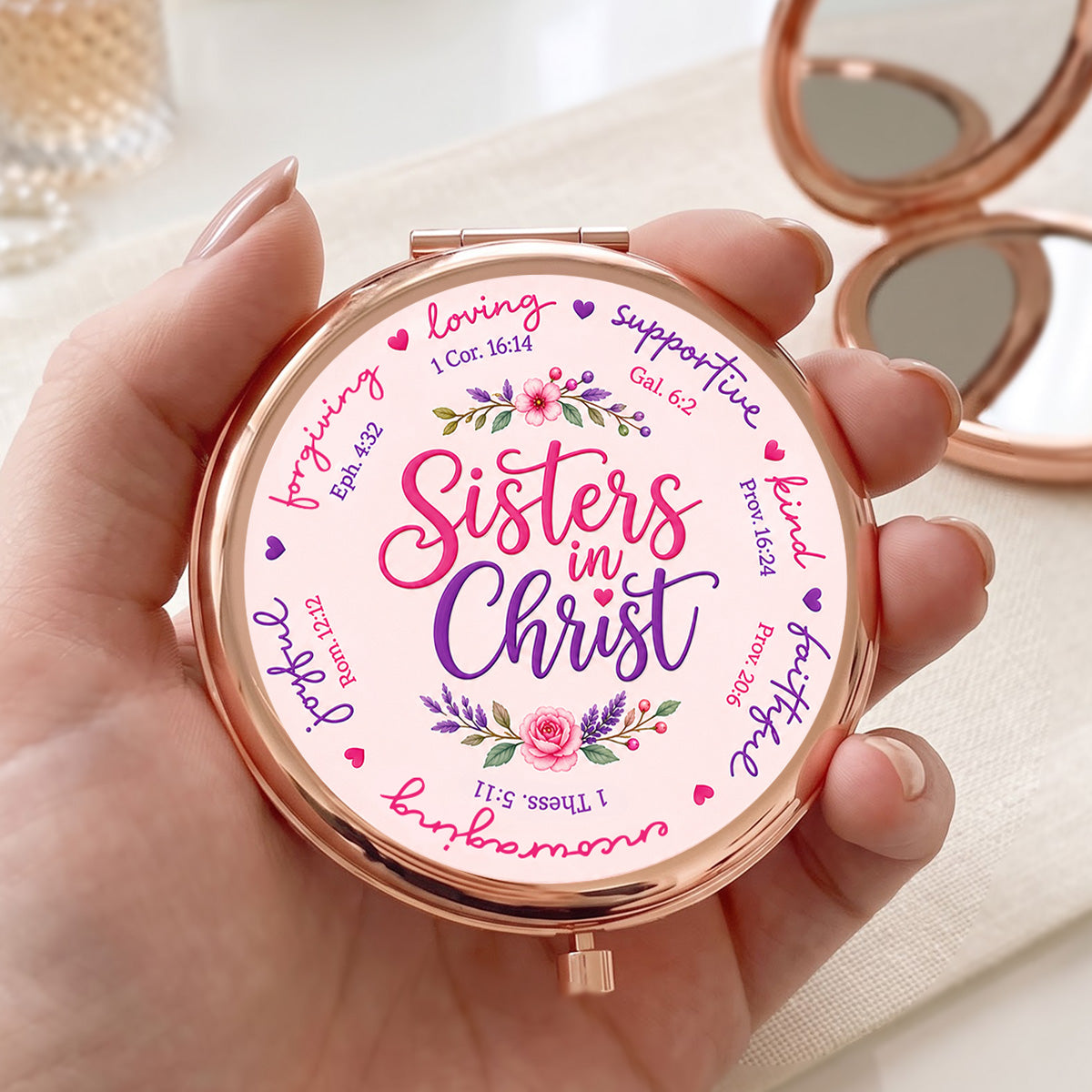 Sisters in Christ | Personalized Circle Metallic Mirror