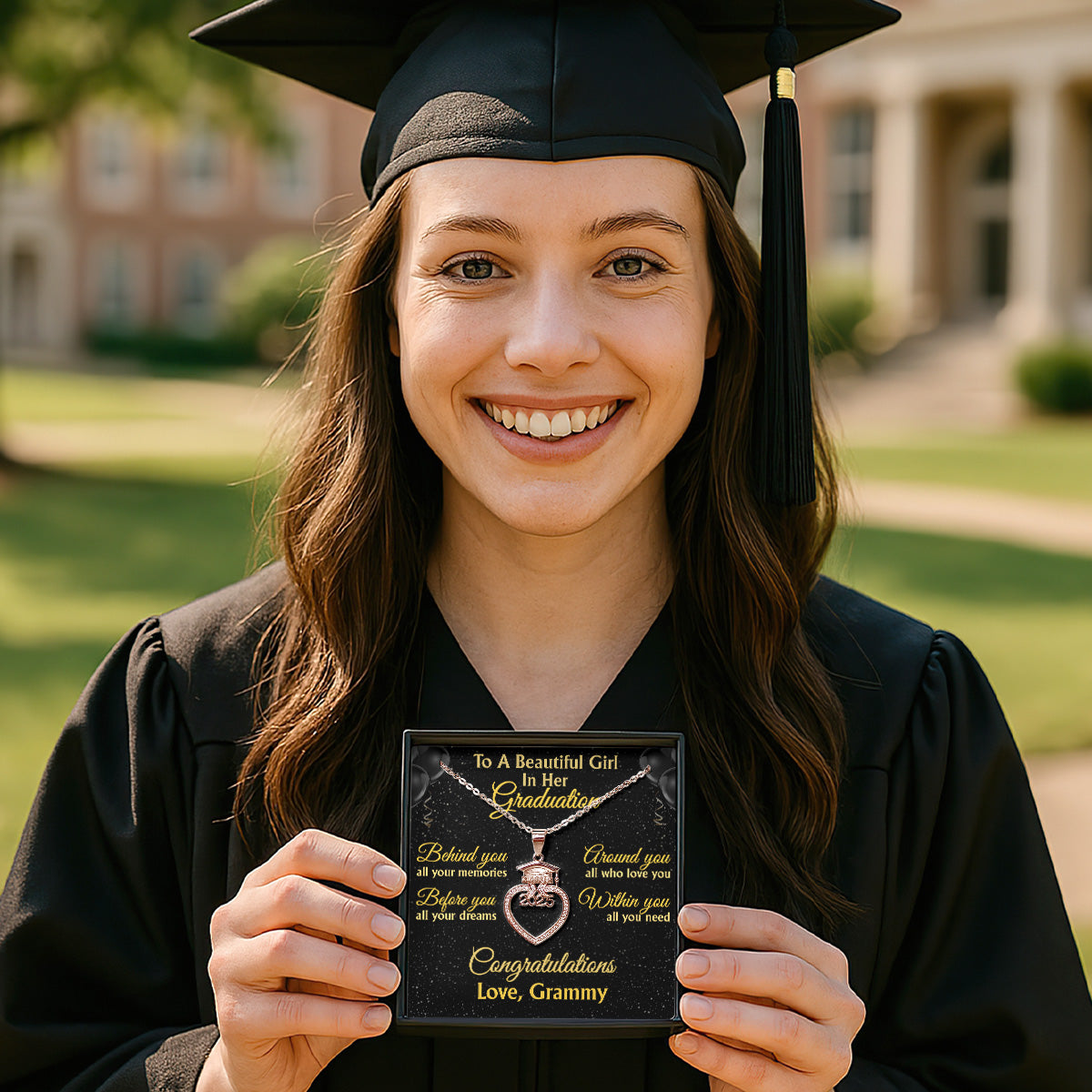 To A Beautifull Girl In Her Graduation | Personalized Grad Cap Heart Necklace With Box&Card