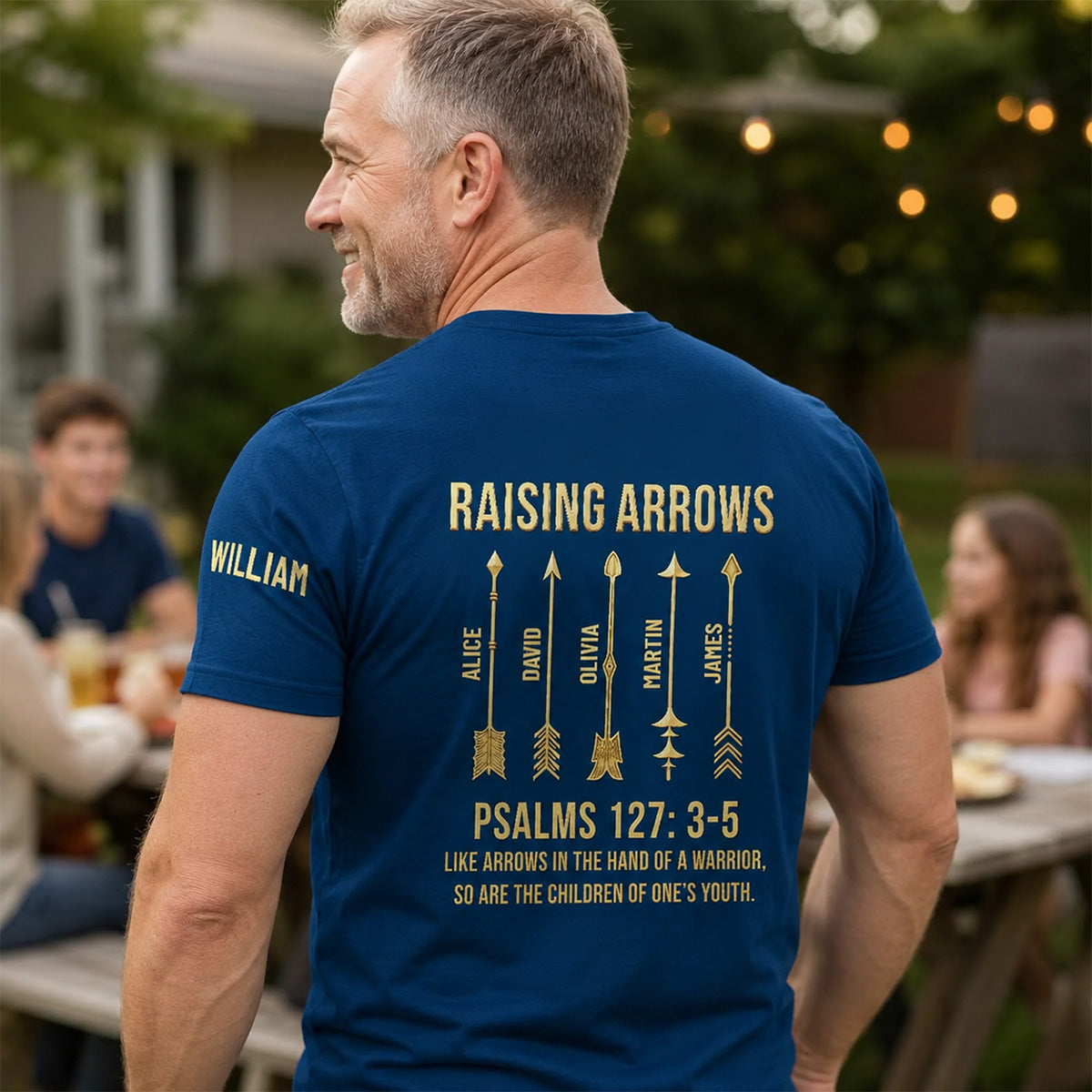 Raising Arrows Christian Father's Day Gift For Dad, Husband With Kids' Names | Personalized T-shirt With Back And Sleeve Design