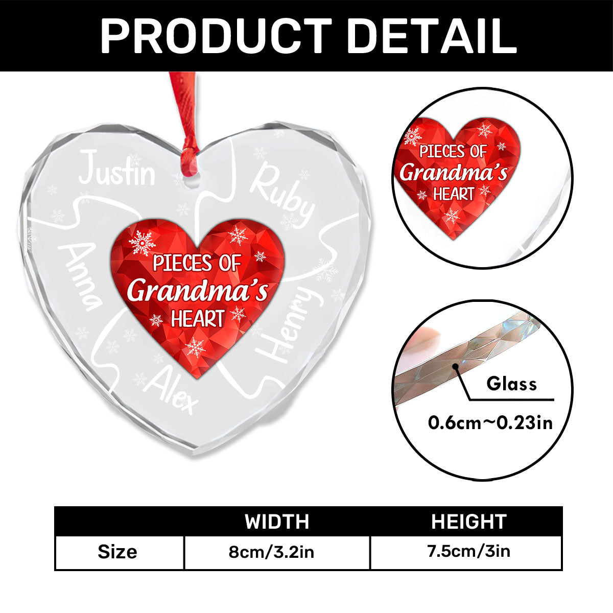 Pieces Of Grandma's Heart | Personalized Heart Shaped Glass Ornament JSHGOHLN2652D