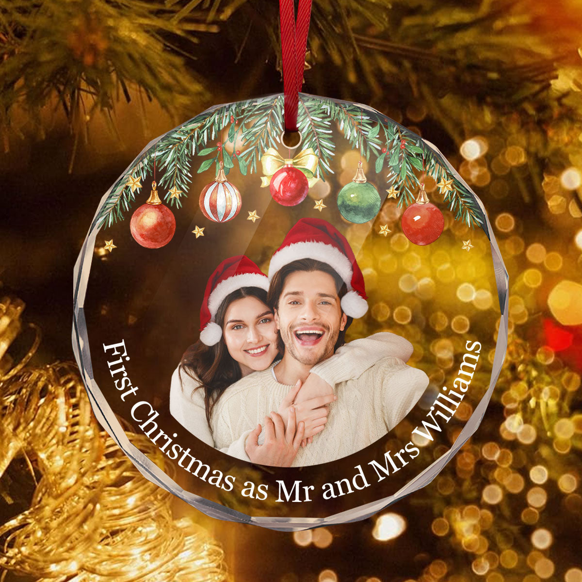 Custom Photo Christmas | Personalized 1-Side Round Glass Ornament