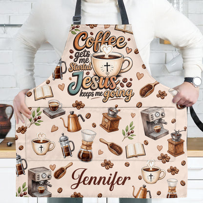 Coffee Gets Me Start Jesus Keeps Me Going | Personalized Apron With Pocket
