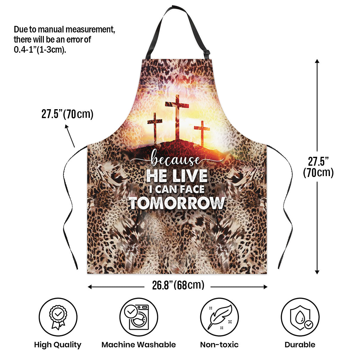 Jesuspirit | Religious Gift For Christians | Leopard Pattern And Cross | Because He Lives I Can Face Tomorrow | Apron With Neck Strap A03