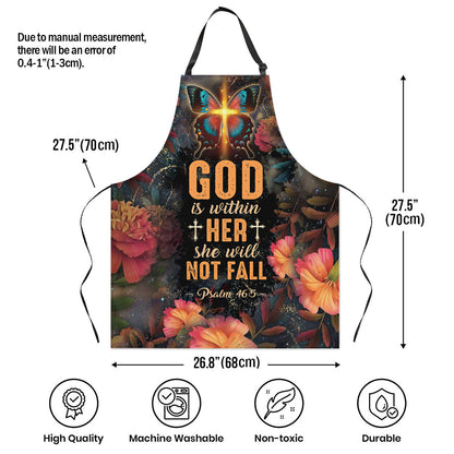 Jesuspirit | God Is Within Her, She Will Not Fall | Cross And Butterfly | Psalm 46:5 | Stunning Apron With Neck Strap AHM19