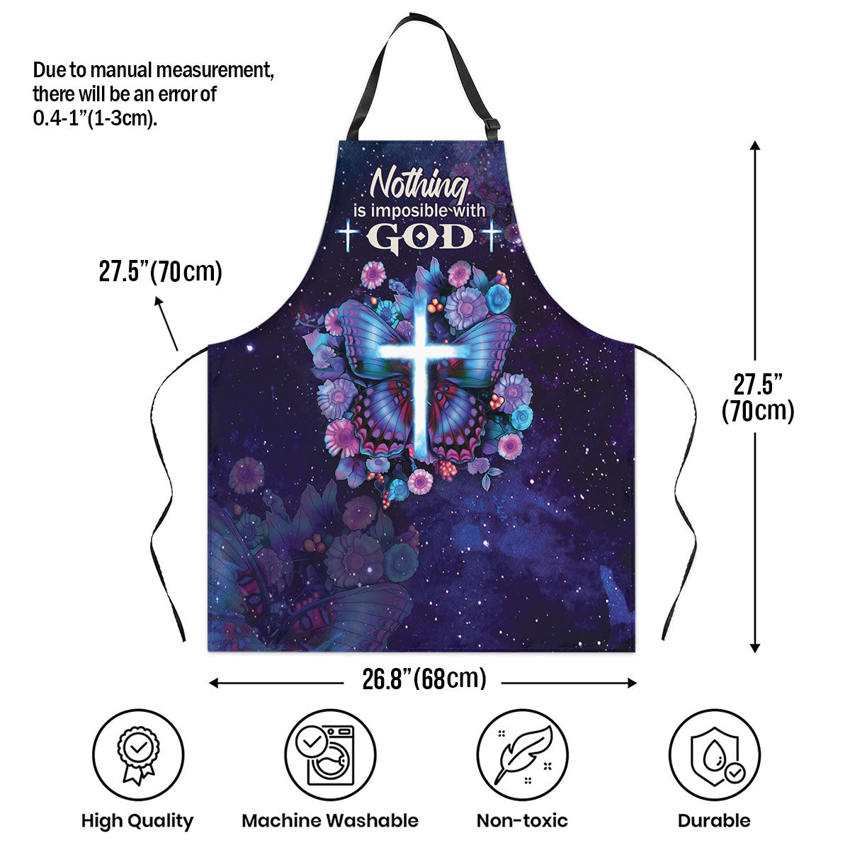 Jesuspirit Apron With Adjustable Neck Strap | Butterfly & Cross | Luke 1:37 | Nothing Is Impossible With God HN156