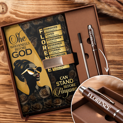 She Who Kneels Before God Can Stand Before Anyone | Personalized Leather Notebook & Pen Set