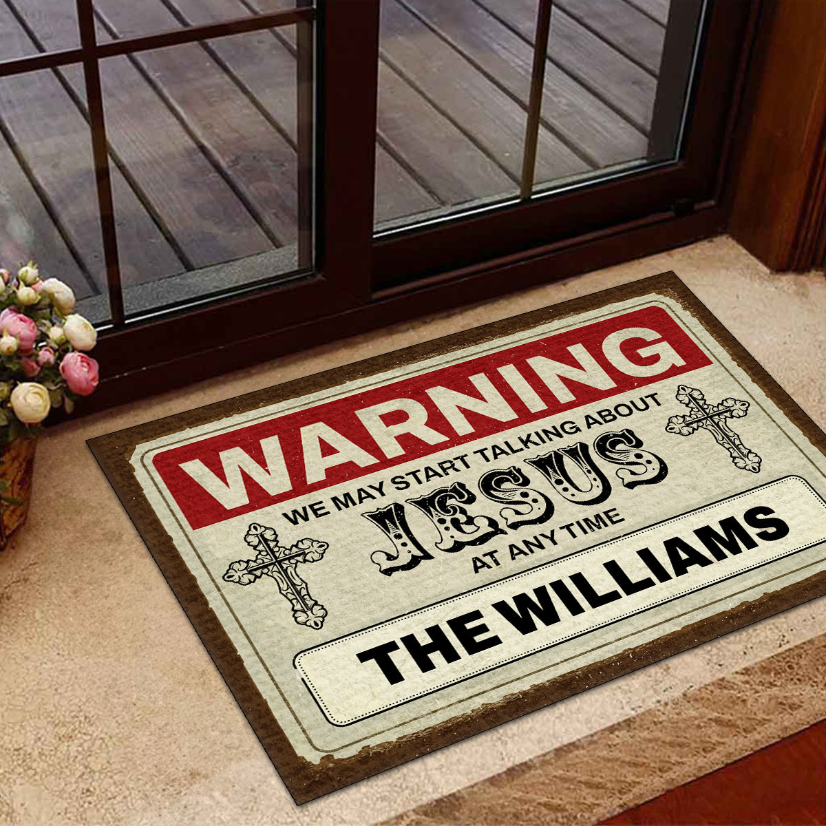 Warning We Talk About Jesus At Any Time | Personalized Doormat JSDMHLTN1765M