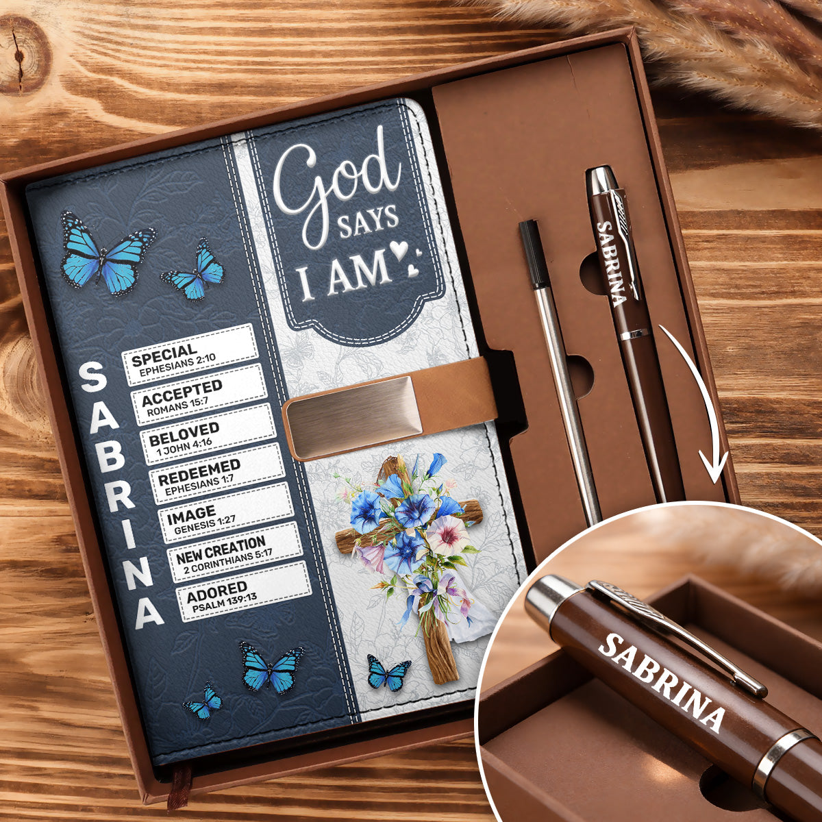 God Is Within Her She Will Not Fall  | Personalized Leather Notebook & Pen Set