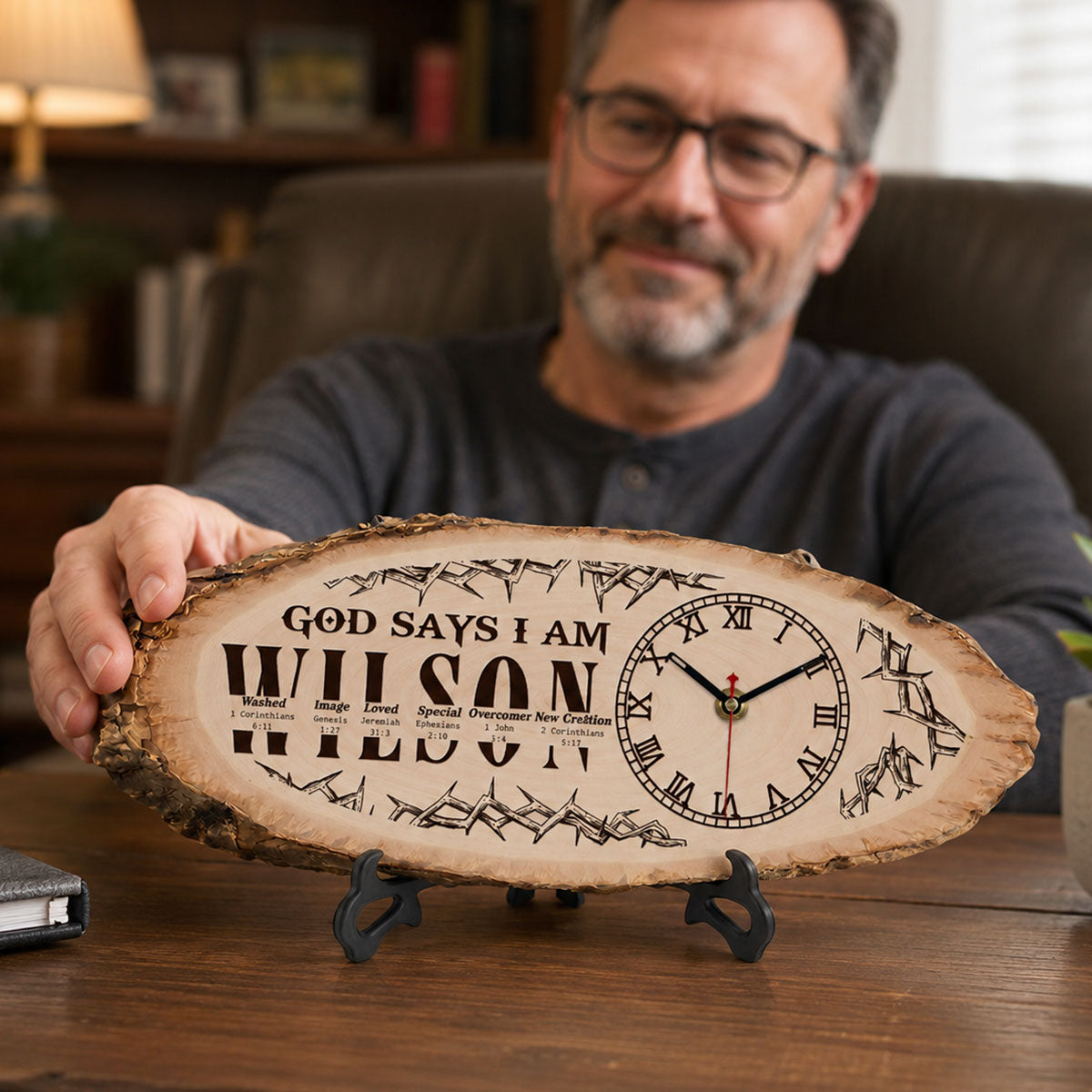 God Says I Am | Personalized Wooden Desk Clock