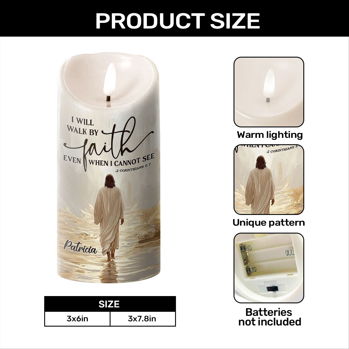 I Will Walk By Faith Even When I Cannot See | Personalized Flameless LED Candle