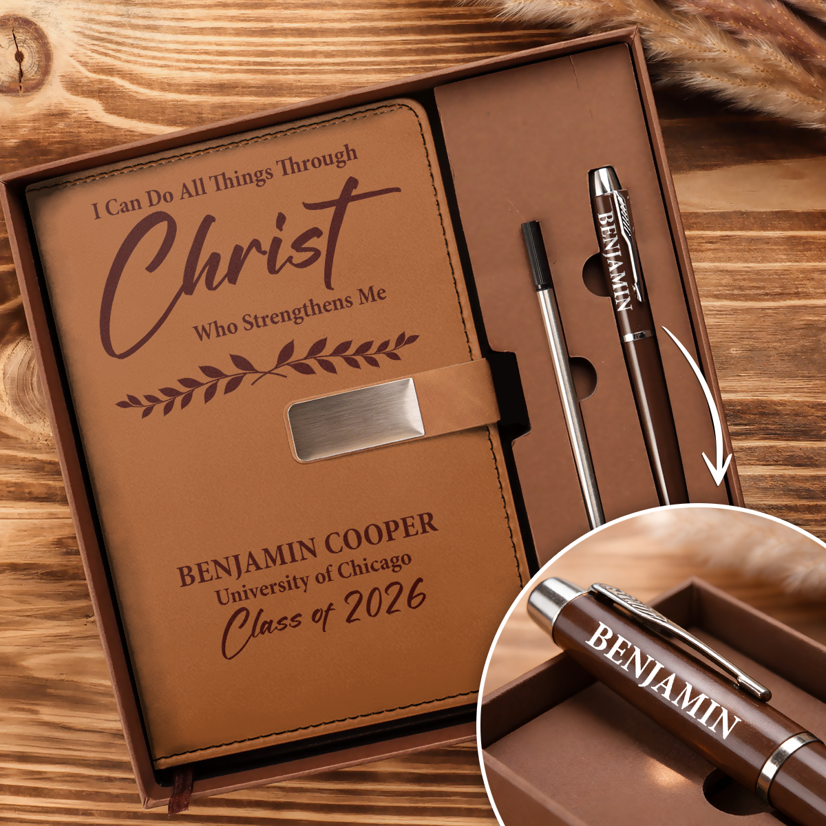I Can Do All Things Through Christ Who Strengthens Me | Personalized Leather Notebook & Pen Set