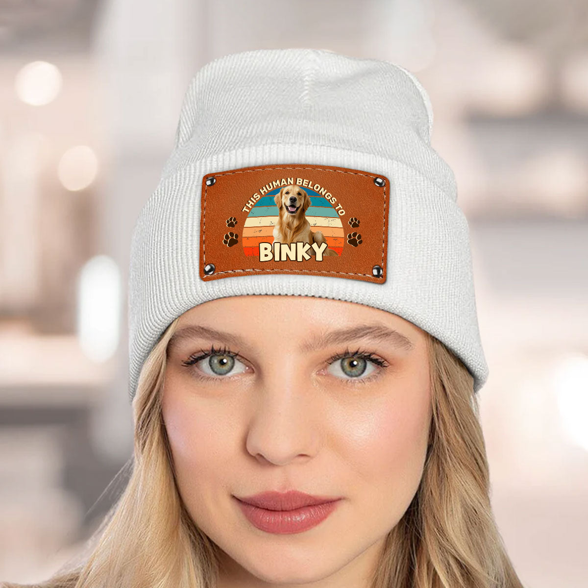 This Human Belongs To | Personalized Leather Knitted Beanie JSLKBPH1953TA