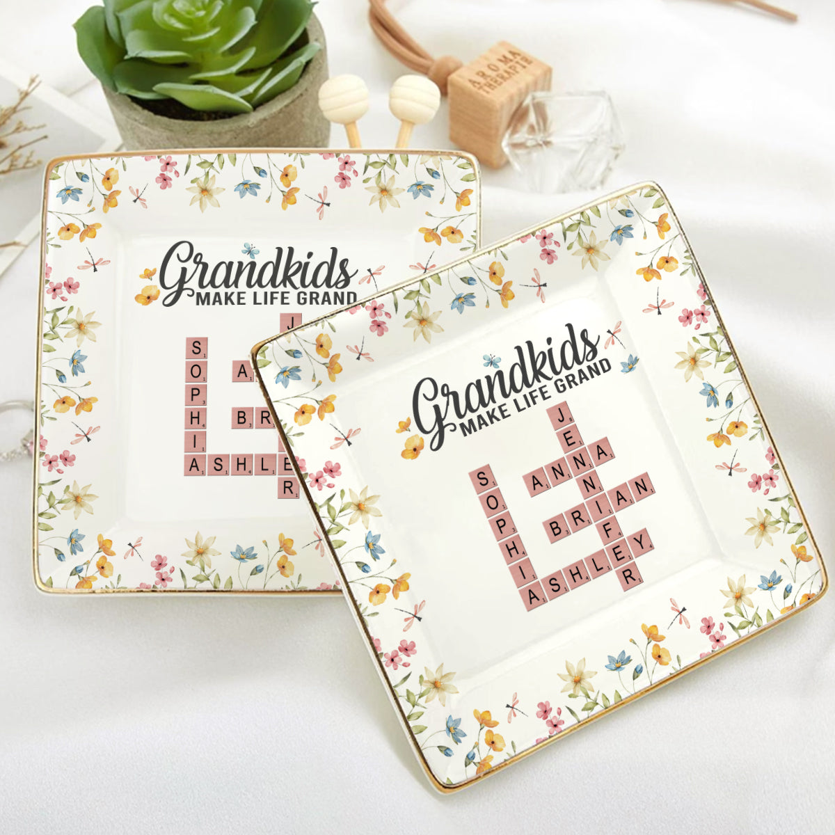 Grandkids Make Life Grand | Personalized Ceramic Ring Dish Square