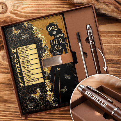 God Is Within Her She Will Not Fall | Personalized Leather Notebook & Pen Set