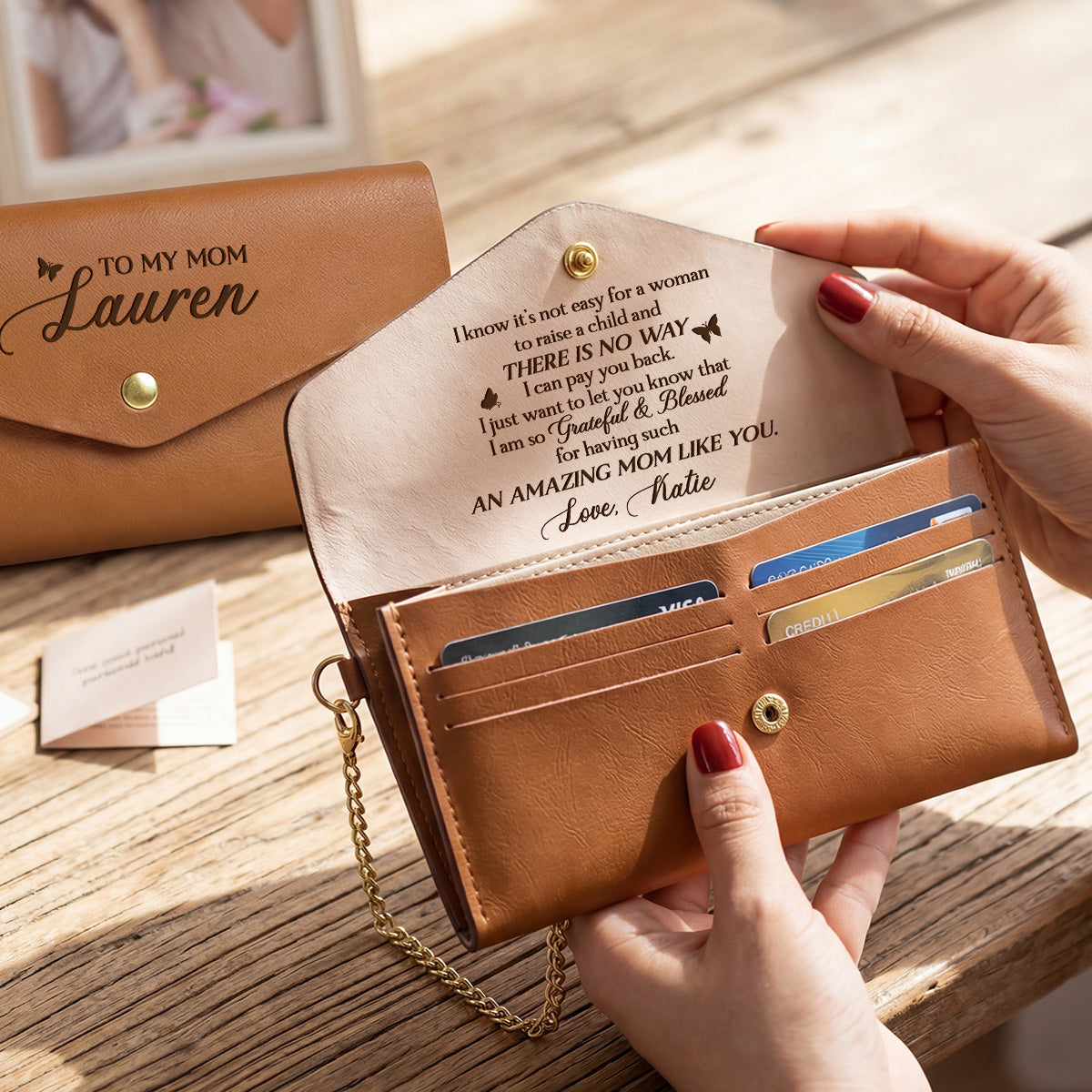 Blessed To Have You As My Mom | Personalized Leather Envelope Wallet