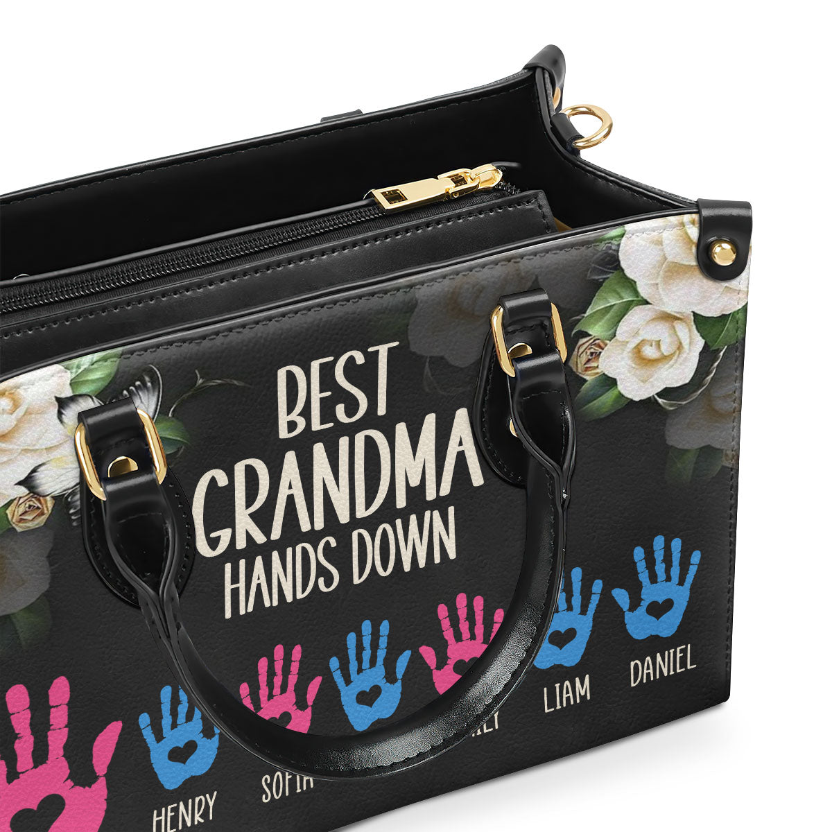 Best Grandma Hands Down | Personalized Leather Handbag With Zipper LHBH835