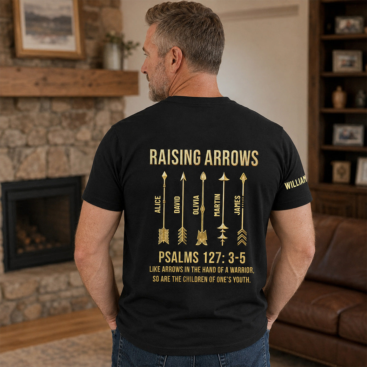 Raising Arrows Christian Father's Day Gift For Dad, Husband With Kids' Names | Personalized T-shirt With Back And Sleeve Design