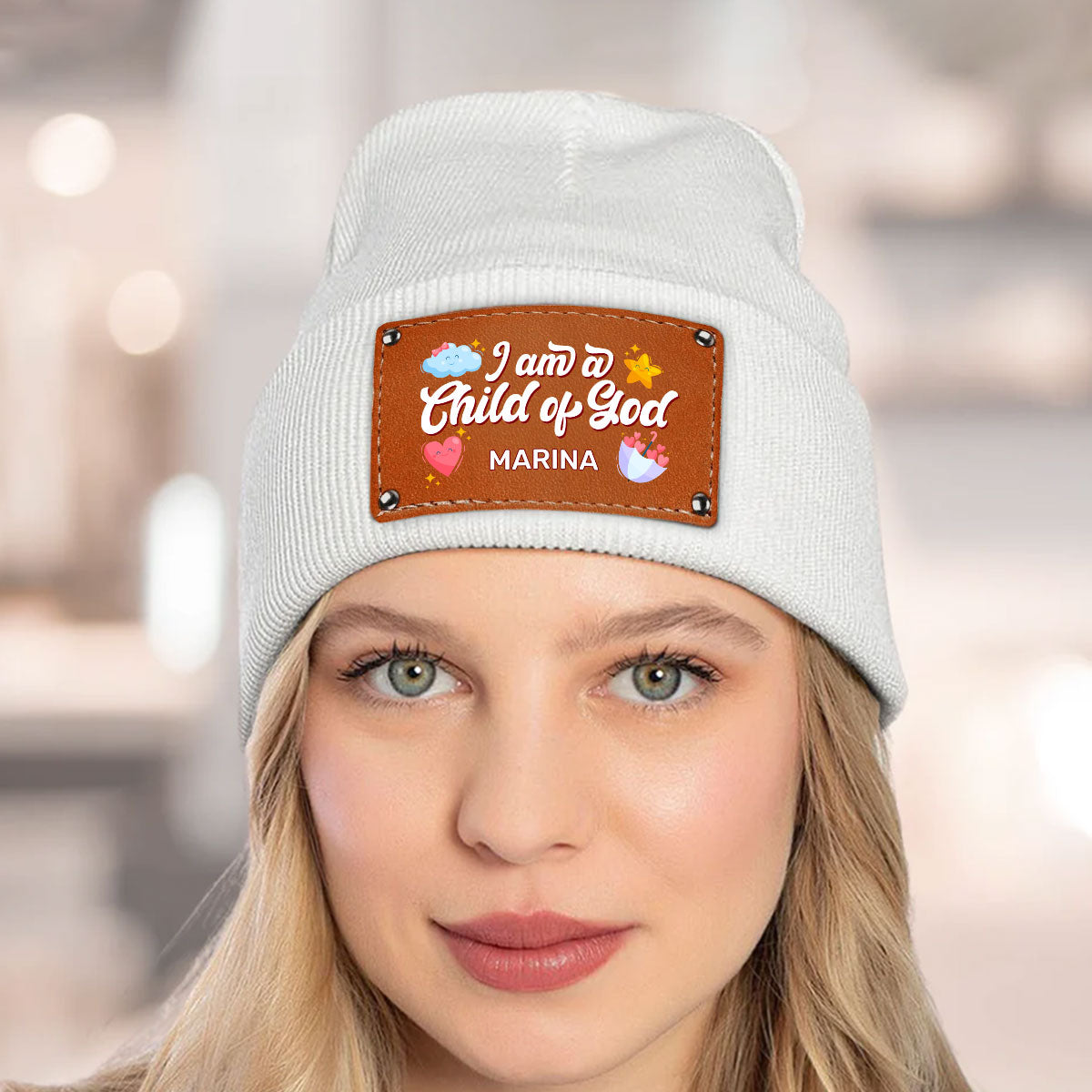 I Am A Child Of God | Personalized Leather Knitted Beanie JSLKBPH1941M