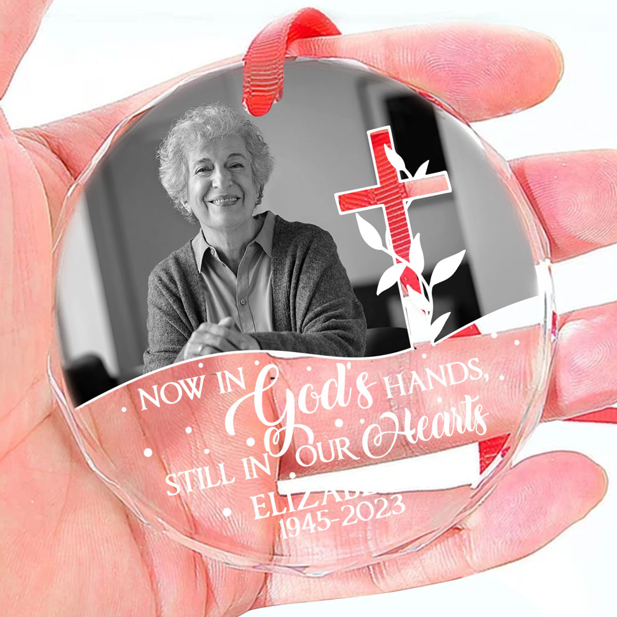 Now In God's Hands Still In Our Hearts | Personalized 1-Side Round Glass Ornament JSURGOPHLN2737TA