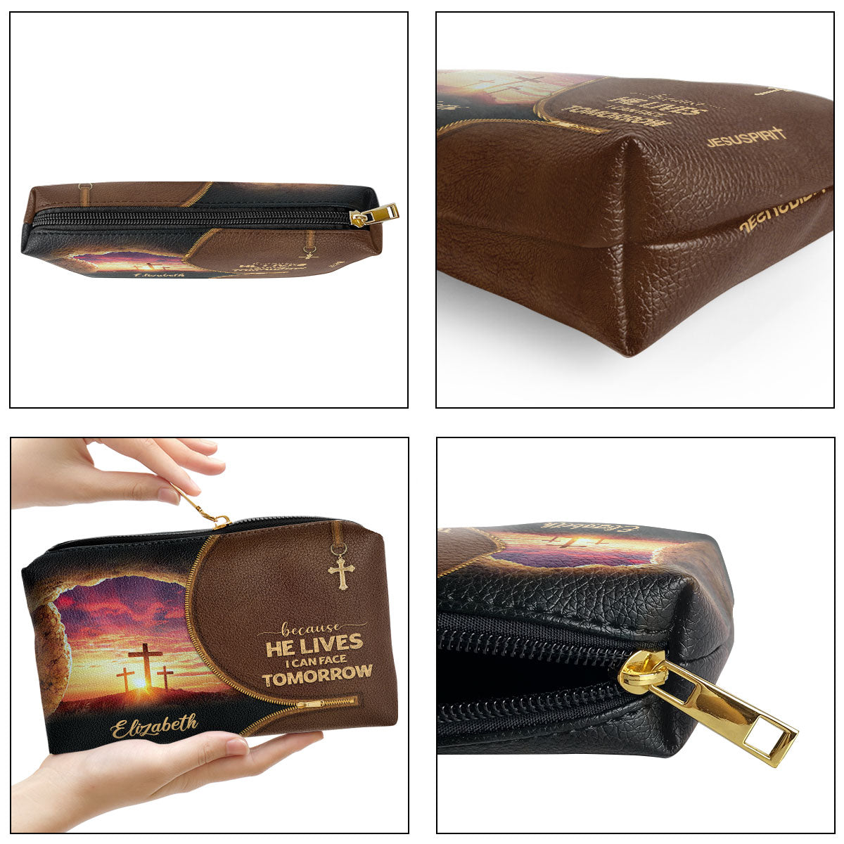 Jesuspirit | Inspirational Gift For Her | Personalized Zippered Leather Pouch | Because He Lives, I Can Face Tomorrow NUH267