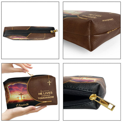 Jesuspirit | Inspirational Gift For Her | Personalized Zippered Leather Pouch | Because He Lives, I Can Face Tomorrow NUH267