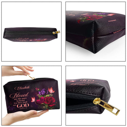 Jesuspirit | Personalized Butterfly And Rose Leather Pouch | Worship Gift For Women's Ministry | Matthew 5:8 | Blessed Are The Pure In Heart NUH472