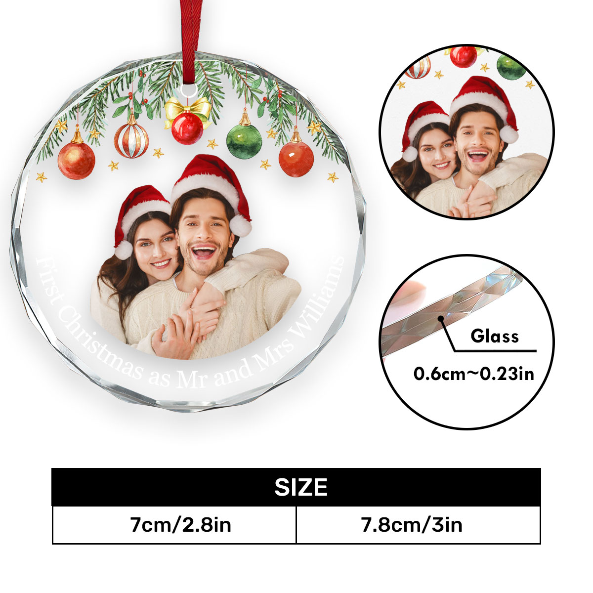 Custom Photo Christmas | Personalized 1-Side Round Glass Ornament