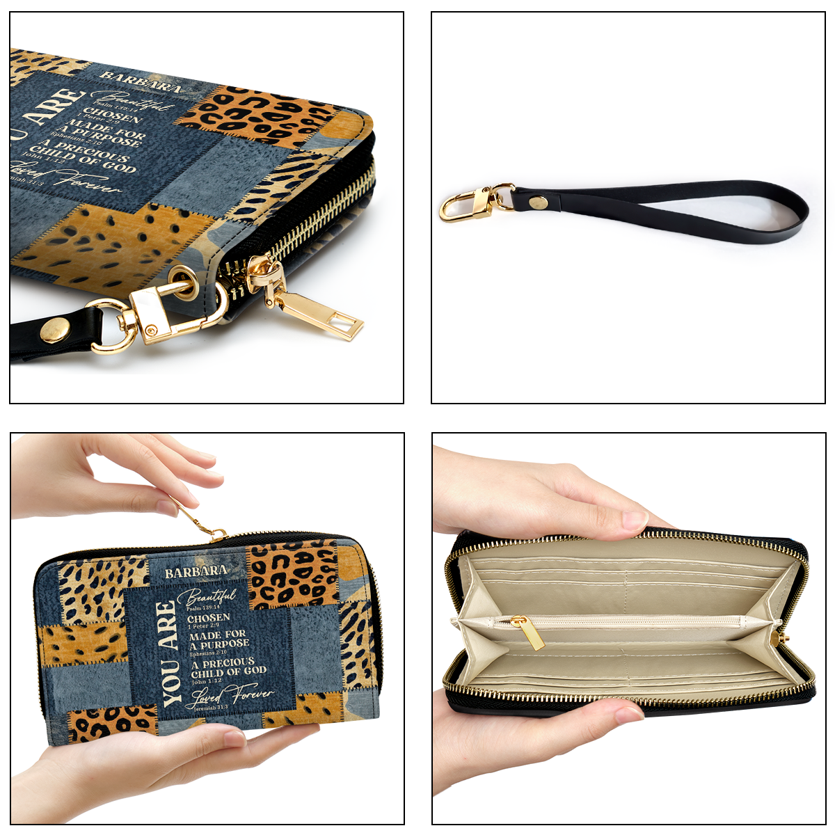 Personalized Leather Clutch Purse With Wristlet Strap Handle - You Are Beautiful