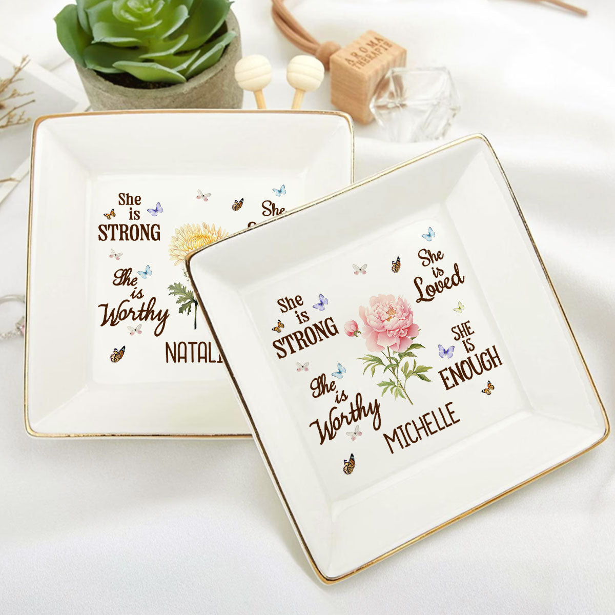 She Is Strong She Is Worthy She Is Loved She Is Enough | Personalized Jewelry Dish JSJDPH1929M