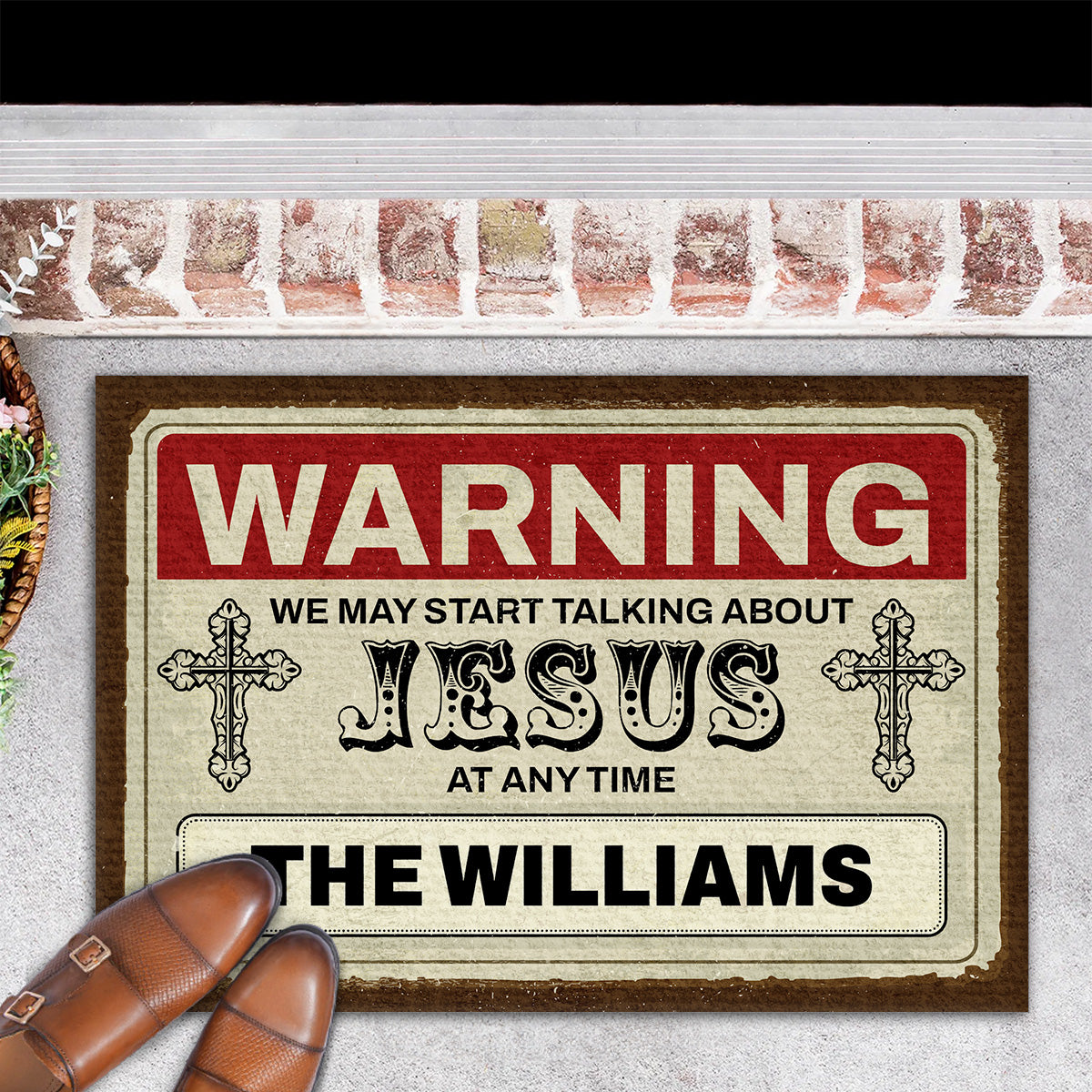 Warning We Talk About Jesus At Any Time | Personalized Doormat JSDMHLTN1765M