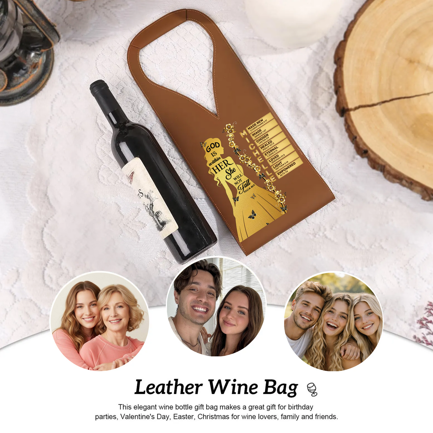 God Is Within Her She Will Not Fall | Personalized Leather Wine Bag