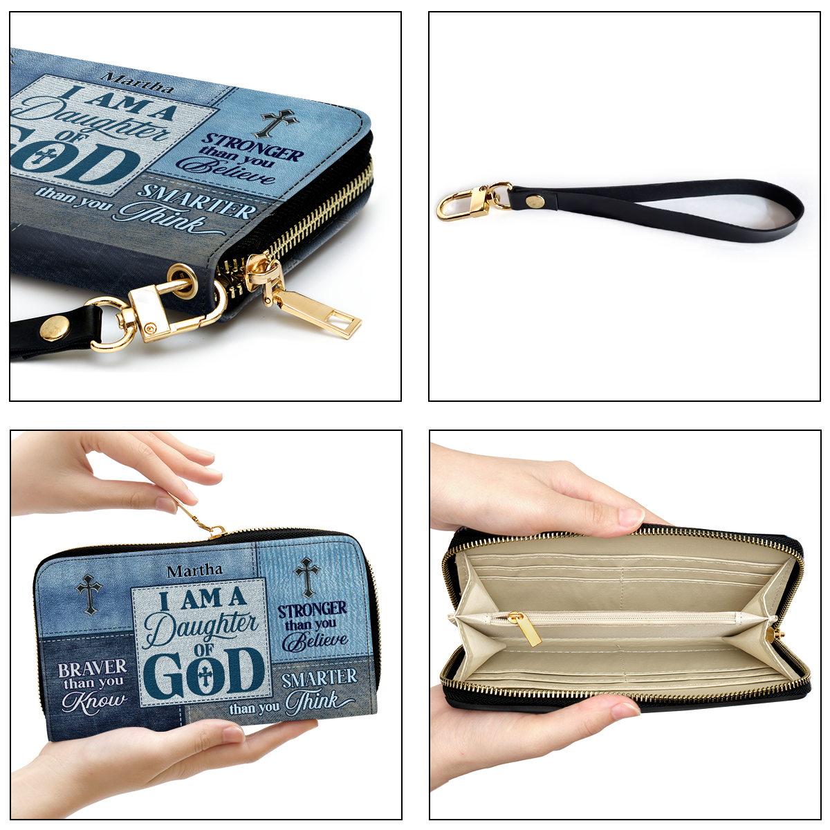 Personalized Leather Clutch Purse With Wristlet Strap Handle - Daughter Of God