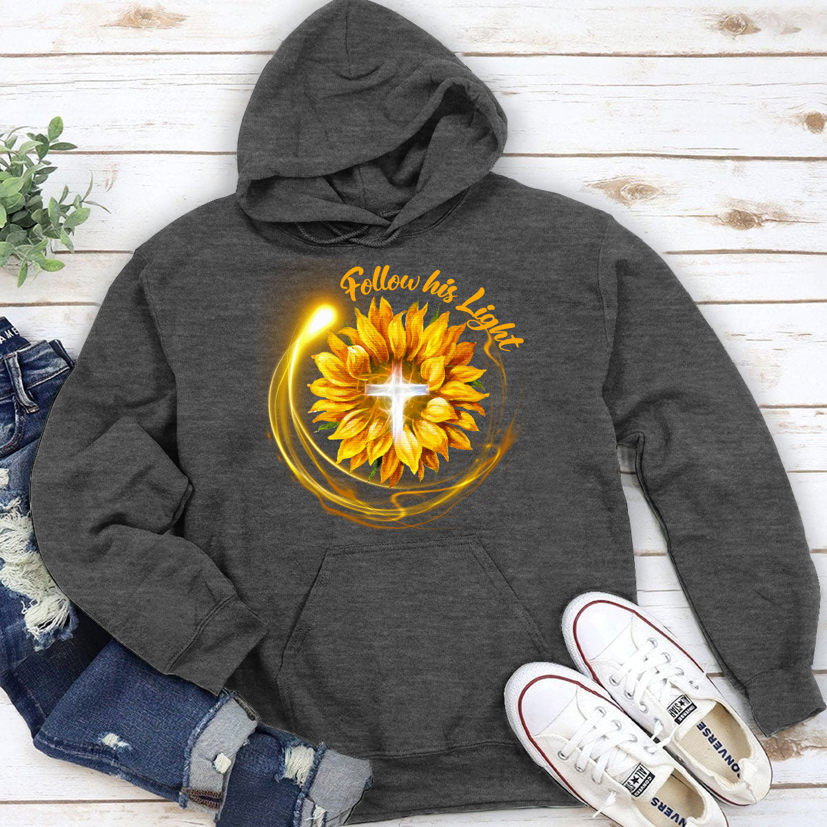 Jesuspirit Christian Unisex Hoodie | Sunflower And Cross | Follow His Light | Spiritual Gifts For Christians 2DUH763