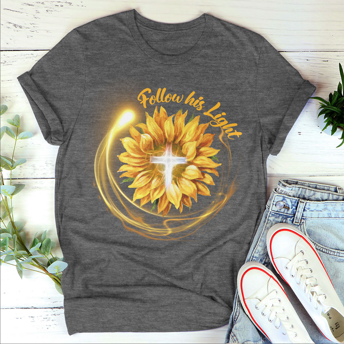 Jesuspirit | Follow His Light | Stunning Unisex T-shirt | Religious Gifts For Christian People | Sunflower And Cross 2DTH763