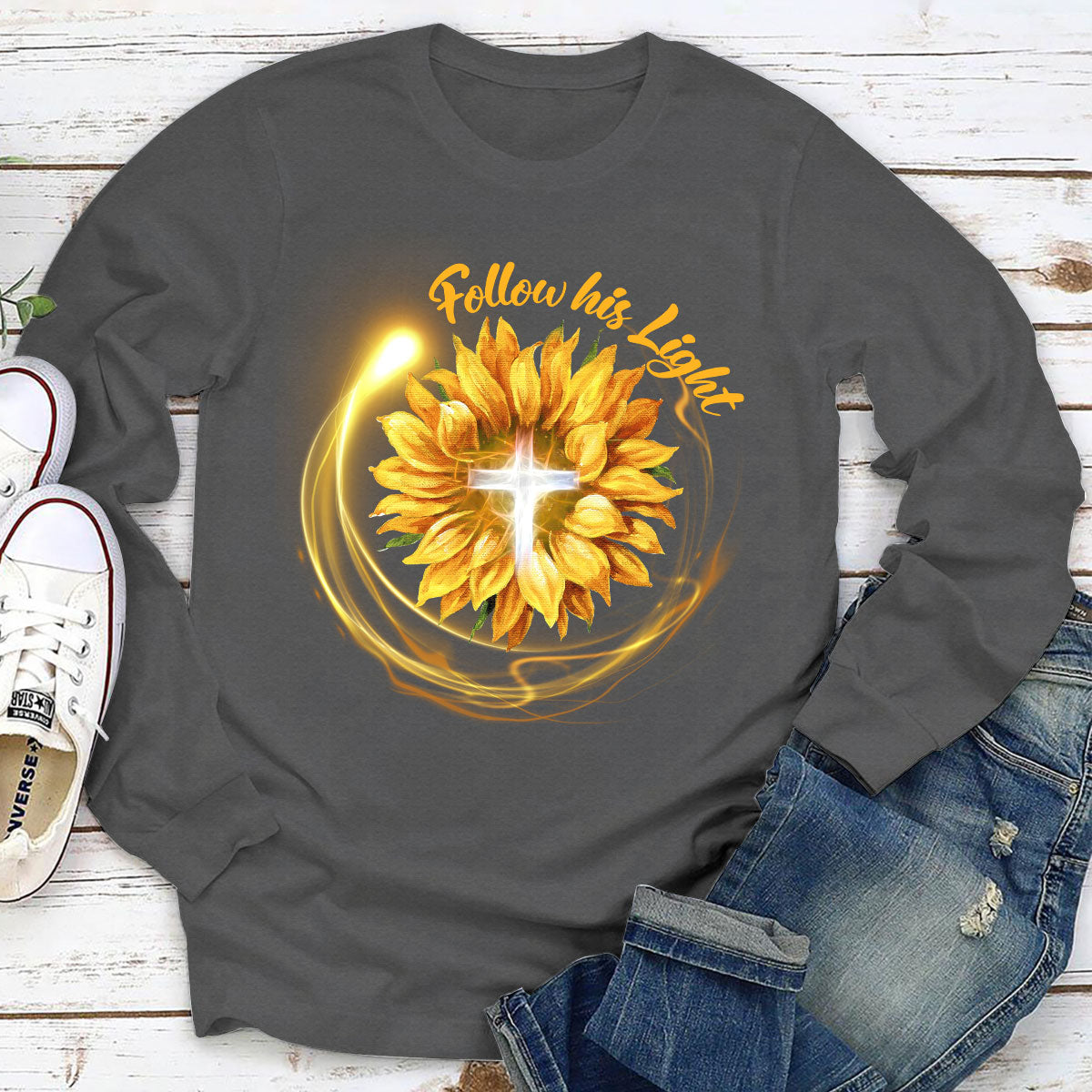 Jesuspirit | Best Gifts For Christian Friends | Sunflower & Cross | Follow His Light | Unisex Long Sleeve 2DLSH763