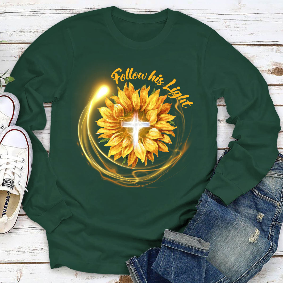 Jesuspirit | Best Gifts For Christian Friends | Sunflower & Cross | Follow His Light | Unisex Long Sleeve 2DLSH763