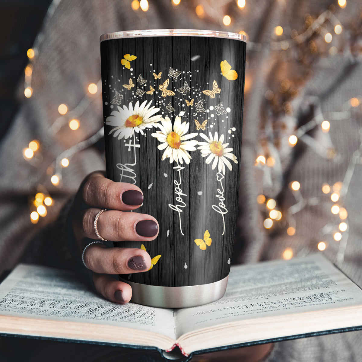 Lovely Personalized Daisy Stainless Steel Tumbler 20oz - Faith, Hope, Love HA211