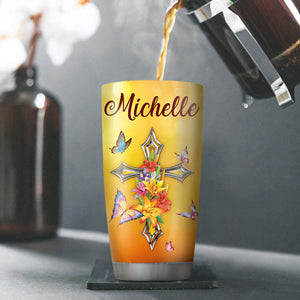 Lovely Personalized Floral Cross Stainless Steel Tumbler 20oz - Trust God And Chill NUA215