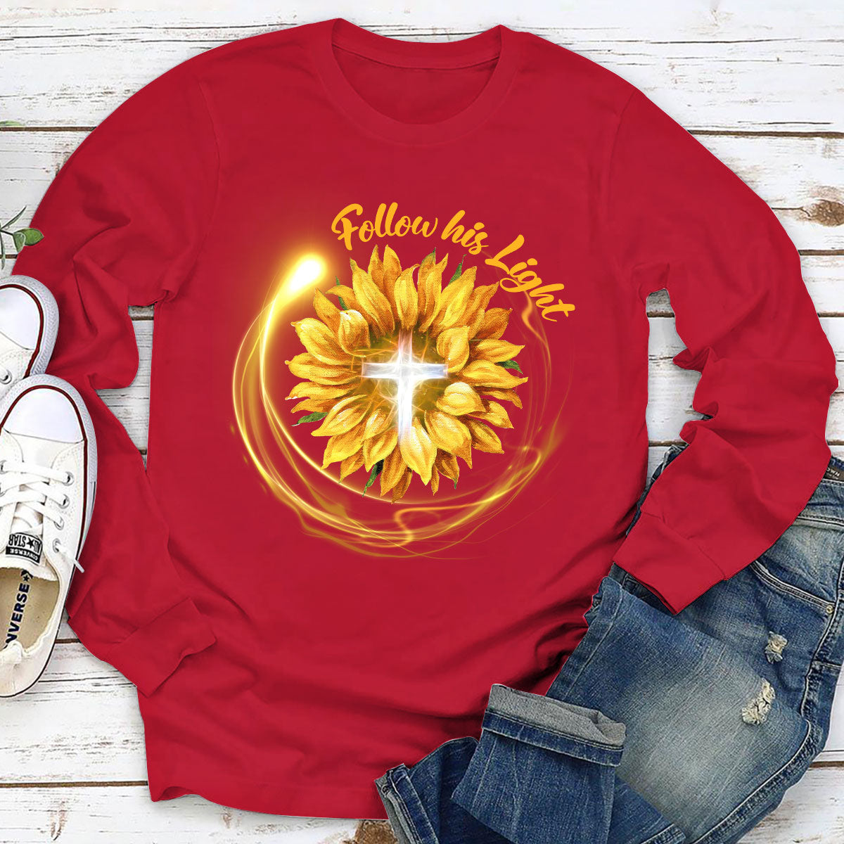 Jesuspirit | Best Gifts For Christian Friends | Sunflower & Cross | Follow His Light | Unisex Long Sleeve 2DLSH763