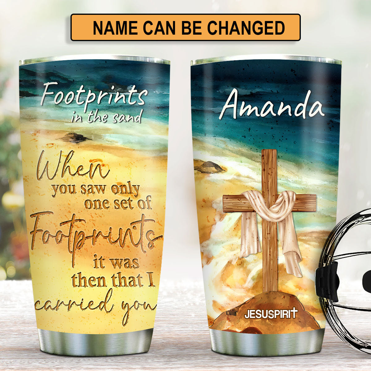 Jesuspirit | Personalized Stainless Steel Tumbler 20oz | Footprints In The Sand | Religious Gift For Christians SSTNUHN490