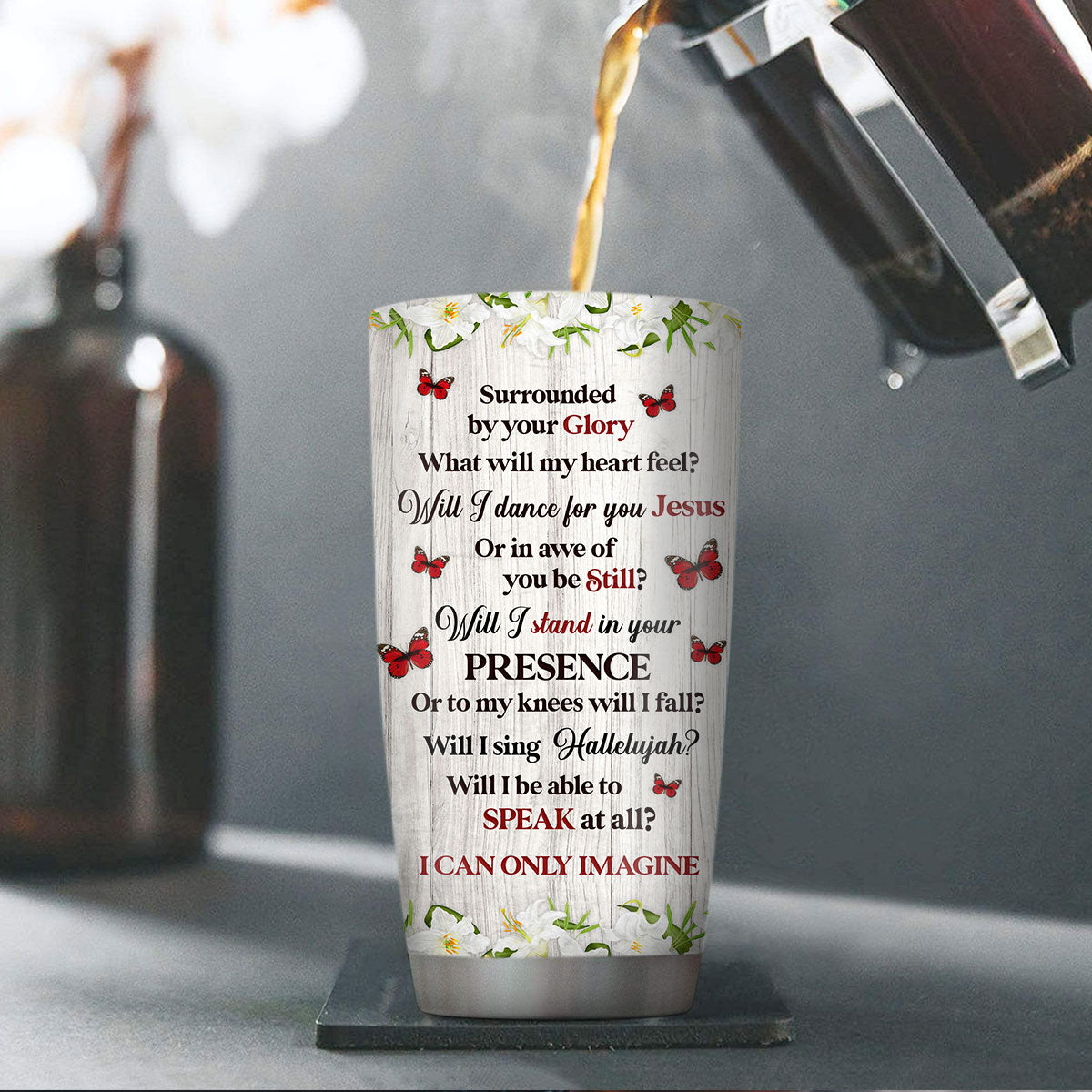 Pretty Personalized Floral Cross Stainless Steel Tumbler 20oz - I Can Only Imagine NUHN182